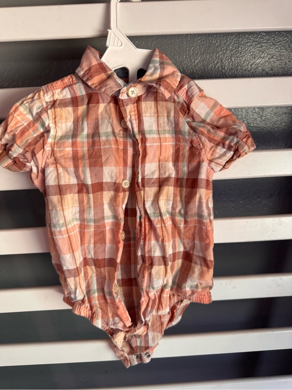 Plaid Short-Sleeve Button-Front Baby Romper in Orange